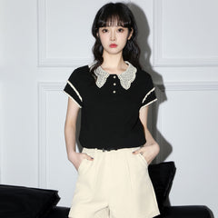 ブラック×半袖 ポロシャツ レースカラー レディース トップス