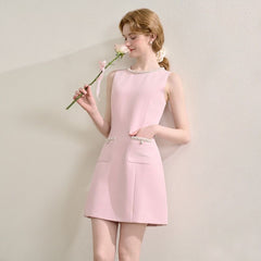 パールラウンドネック ノースリーブ レディース Aラインワンピース