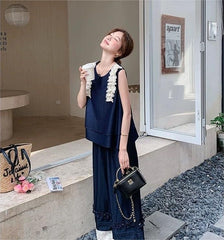 レース切り替え ノースリーブトップス&ワイドパンツ レディース セットアップ