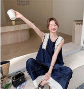 レース切り替え ノースリーブトップス&ワイドパンツ レディース セットアップ