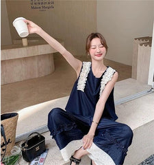 レース切り替え ノースリーブトップス&ワイドパンツ レディース セットアップ