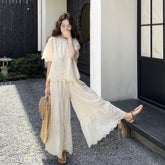 刺繍レース 半袖トップス&ワイドパンツ レディース セットアップ