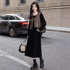 シングルボタンベスト&ロングスリーブワンピース レディース セットアップ