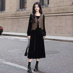 シングルボタンベスト&ロングスリーブワンピース レディース セットアップ