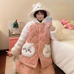 可愛いキャラ ゆるかわ パジャマ カートゥーン もこもこ 裏起毛 ルームウェア 冬用 レディース セットアップ