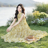 スタイリッシュ Aライン ドレープ プリント ホルターネックレディース ロングワンピース