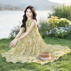 スタイリッシュ Aライン ドレープ プリント ホルターネックレディース ロングワンピース