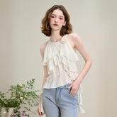 ハーネスネック ローズ マルチレイヤード フリル アシンメトリー ノースリーブ ブラウス レディーストップス