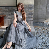 チェック柄切替 フェイクレイヤード レディース ロングAラインワンピース