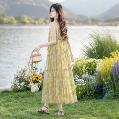 スタイリッシュ Aライン ドレープ プリント ホルターネックレディース ロングワンピース