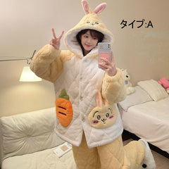 可愛いキャラ ゆるかわ パジャマ カートゥーン もこもこ 裏起毛 ルームウェア 冬用 レディース セットアップ