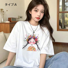 アニメ風キュートイラスト 半袖 レディース Tシャツ トップス