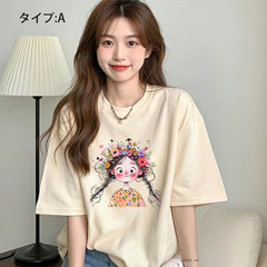 アニメ風キュートイラスト 半袖 レディース Tシャツ トップス