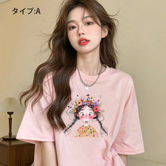 アニメ風キュートイラスト 半袖 レディース Tシャツ トップス