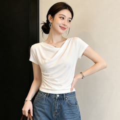 ドレープ アシンメトリーネック サイドギャザー レディース 半袖Tシャツ トップス