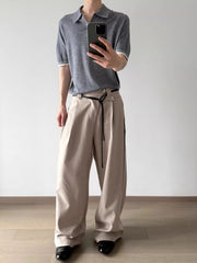 上品 クラシック リネンライク ワイドシルエット メンズ ポリエステル パンツ ドレープ イージー スラックス ロングパンツ