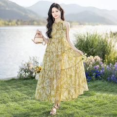 スタイリッシュ Aライン ドレープ プリント ホルターネックレディース ロングワンピース