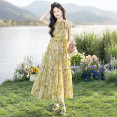 スタイリッシュ Aライン ドレープ プリント ホルターネックレディース ロングワンピース