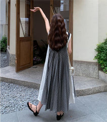 チェック柄切替 フェイクレイヤード レディース ロングAラインワンピース