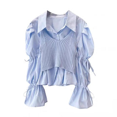 レイヤードリブニットシャツトップス