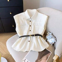 ウエストベルトノースリーブシャツトップス