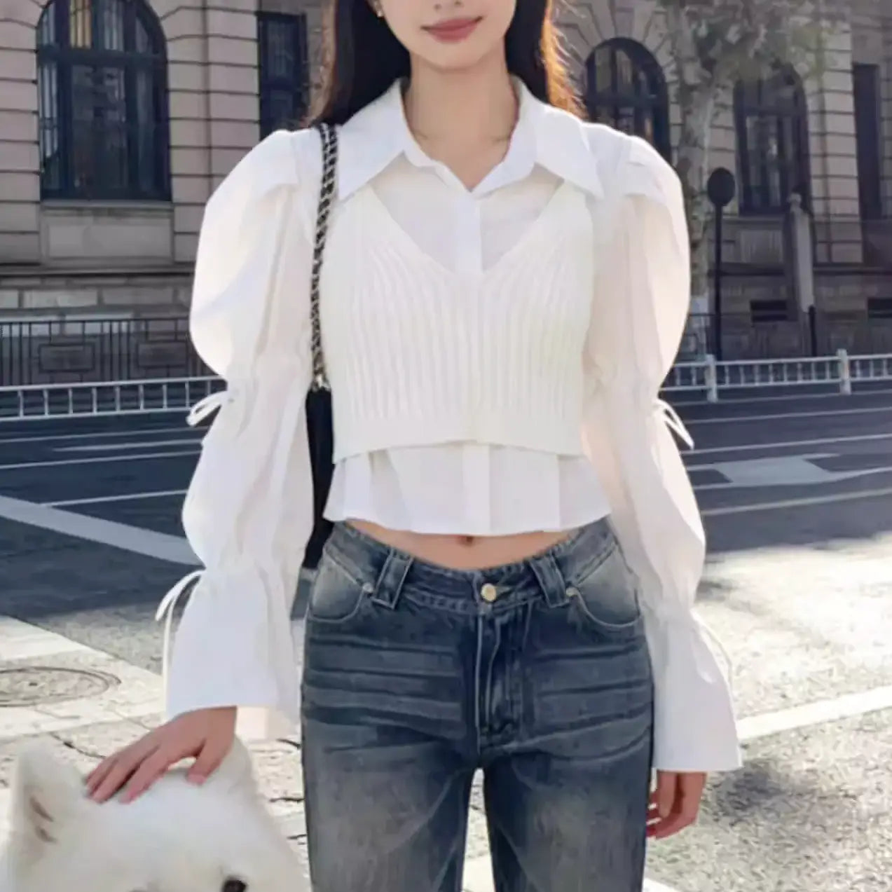 レイヤードリブニットシャツトップス