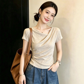 ドレープ アシンメトリーネック サイドギャザー レディース 半袖Tシャツ トップス