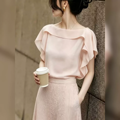 ワイドカラー ドレープスリーブ ゆったりシルエット レディース 半袖ブラウス トップス