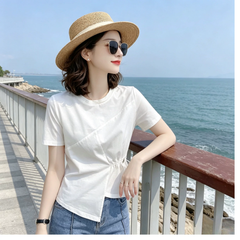 アシンメトリー切替 ドローストリングウエスト レディース 半袖Tシャツ トップス