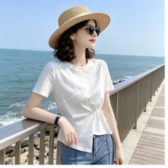 アシンメトリー切替 ドローストリングウエスト レディース 半袖Tシャツ トップス