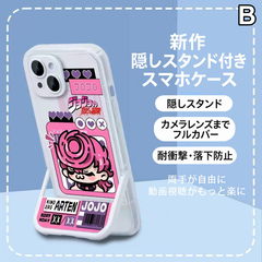 スタンド使い イラスト キャラクタープリント iPhoneスマホケース TPUソフトケース フルカバータイプ 収納式スタンド付き 2デザイン