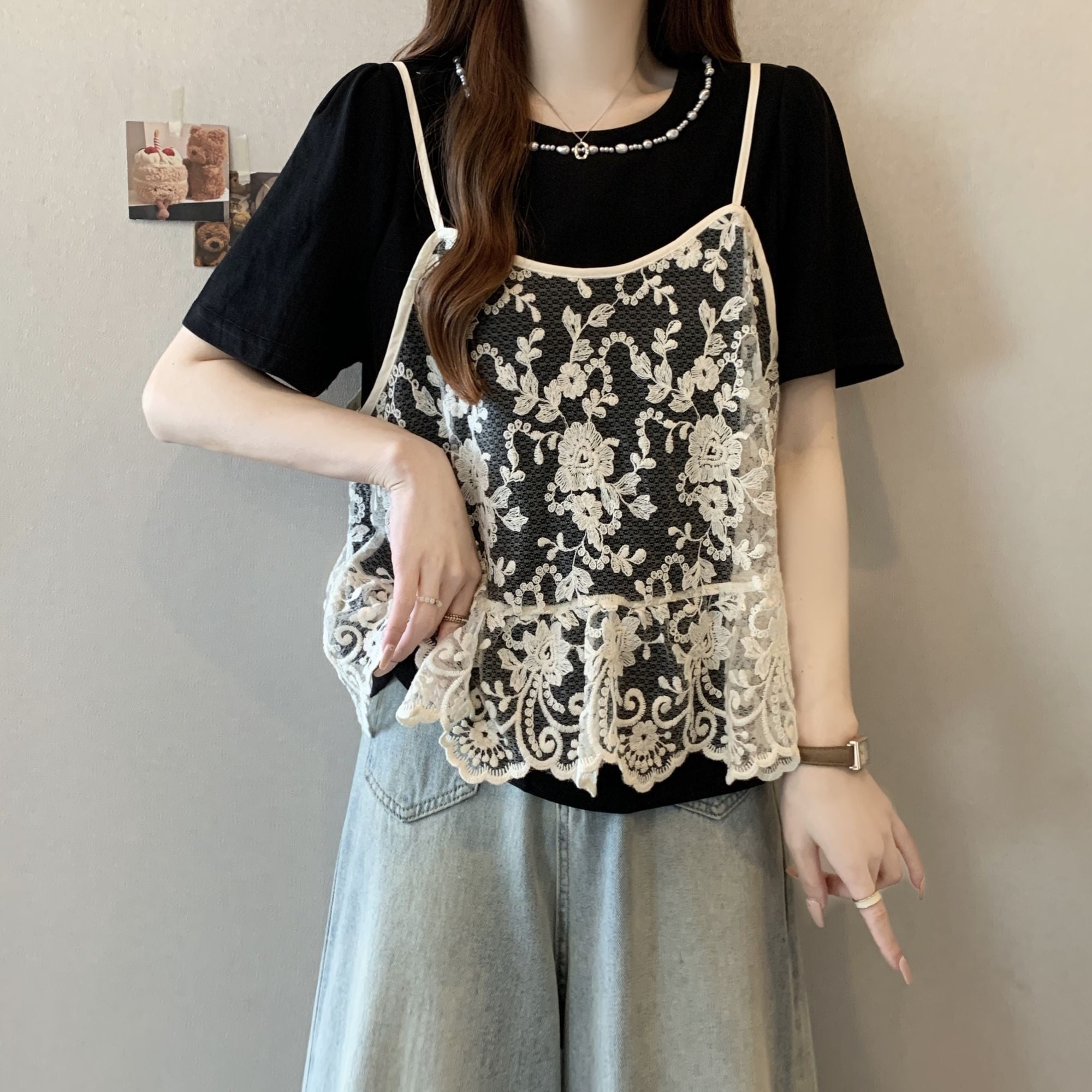 半袖 レースストラップ ツーセット キュートTシャツ レディース トップス