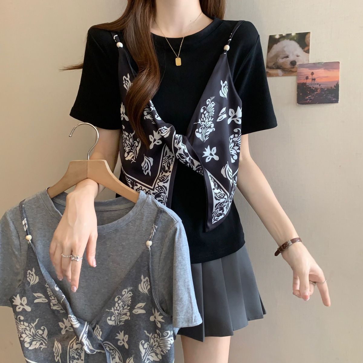 サテン フェイクツーセット リボンディテール ストラップ 半袖 Tシャツ レディース トップス