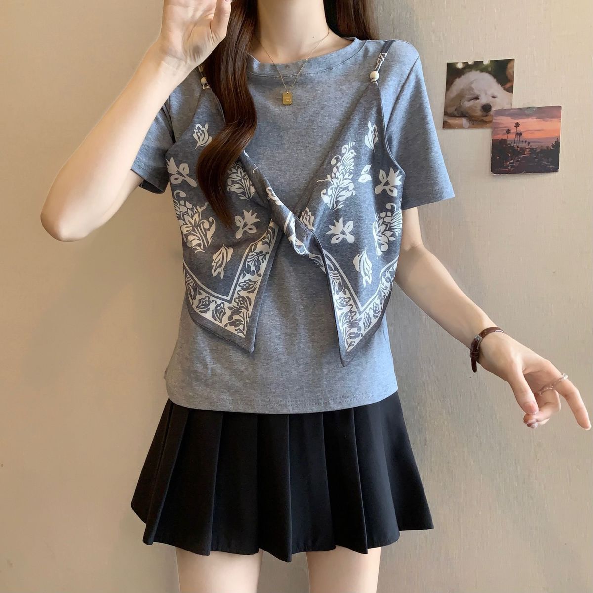サテン フェイクツーセット リボンディテール ストラップ 半袖 Tシャツ レディース トップス