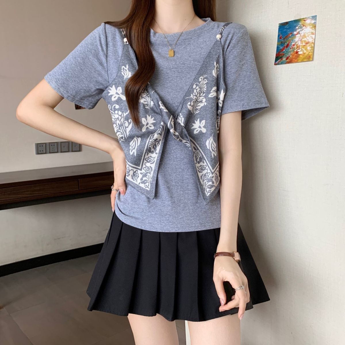 サテン フェイクツーセット リボンディテール ストラップ 半袖 Tシャツ レディース トップス