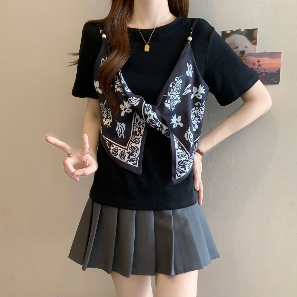 サテン フェイクツーセット リボンディテール ストラップ 半袖 Tシャツ レディース トップス