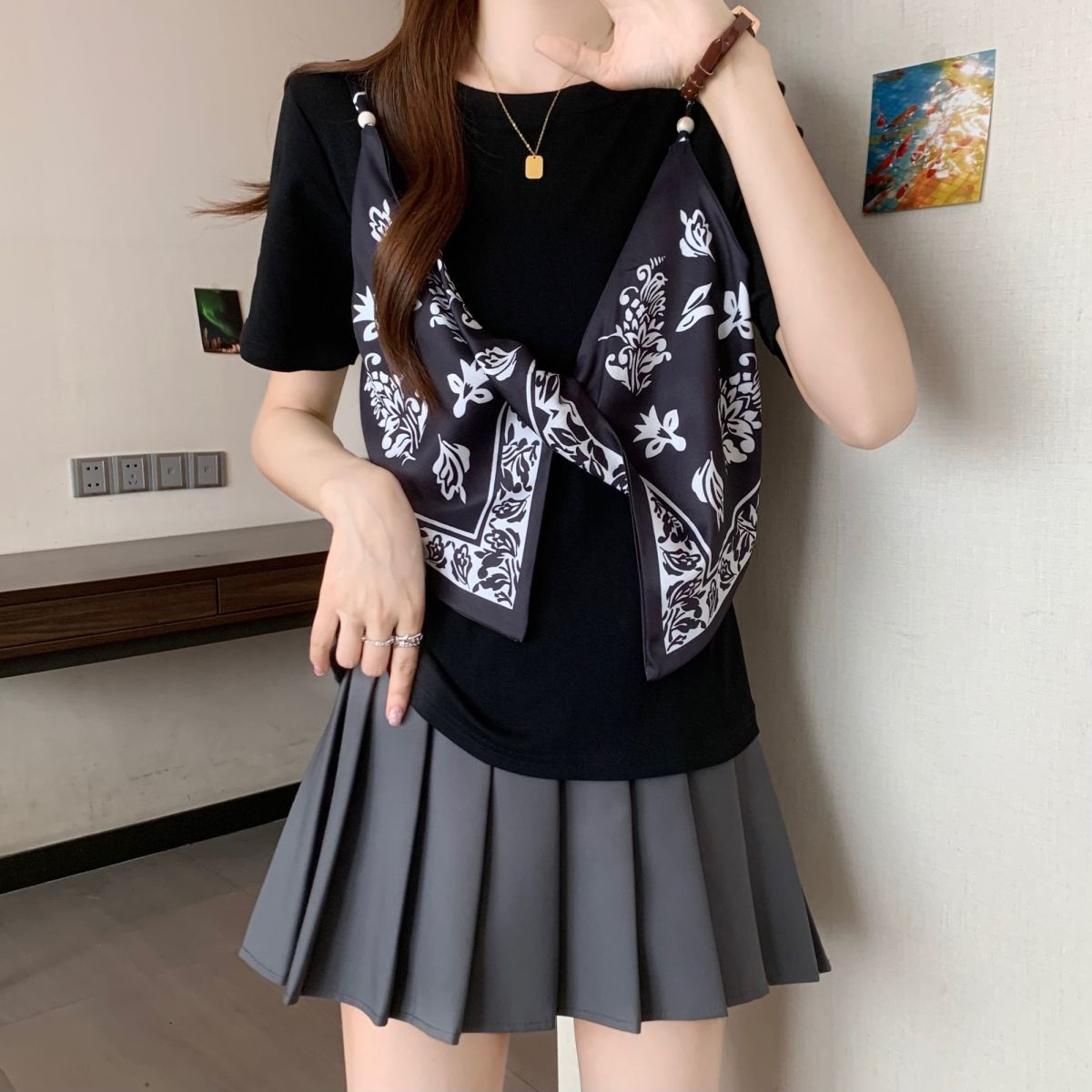 サテン フェイクツーセット リボンディテール ストラップ 半袖 Tシャツ レディース トップス
