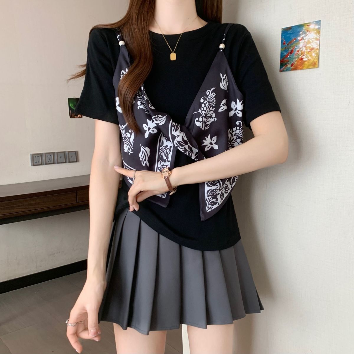 サテン フェイクツーセット リボンディテール ストラップ 半袖 Tシャツ レディース トップス