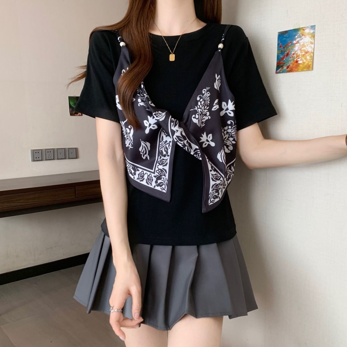サテン フェイクツーセット リボンディテール ストラップ 半袖 Tシャツ レディース トップス