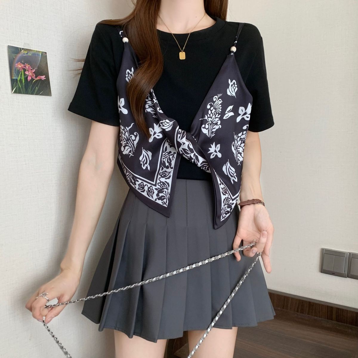 サテン フェイクツーセット リボンディテール ストラップ 半袖 Tシャツ レディース トップス