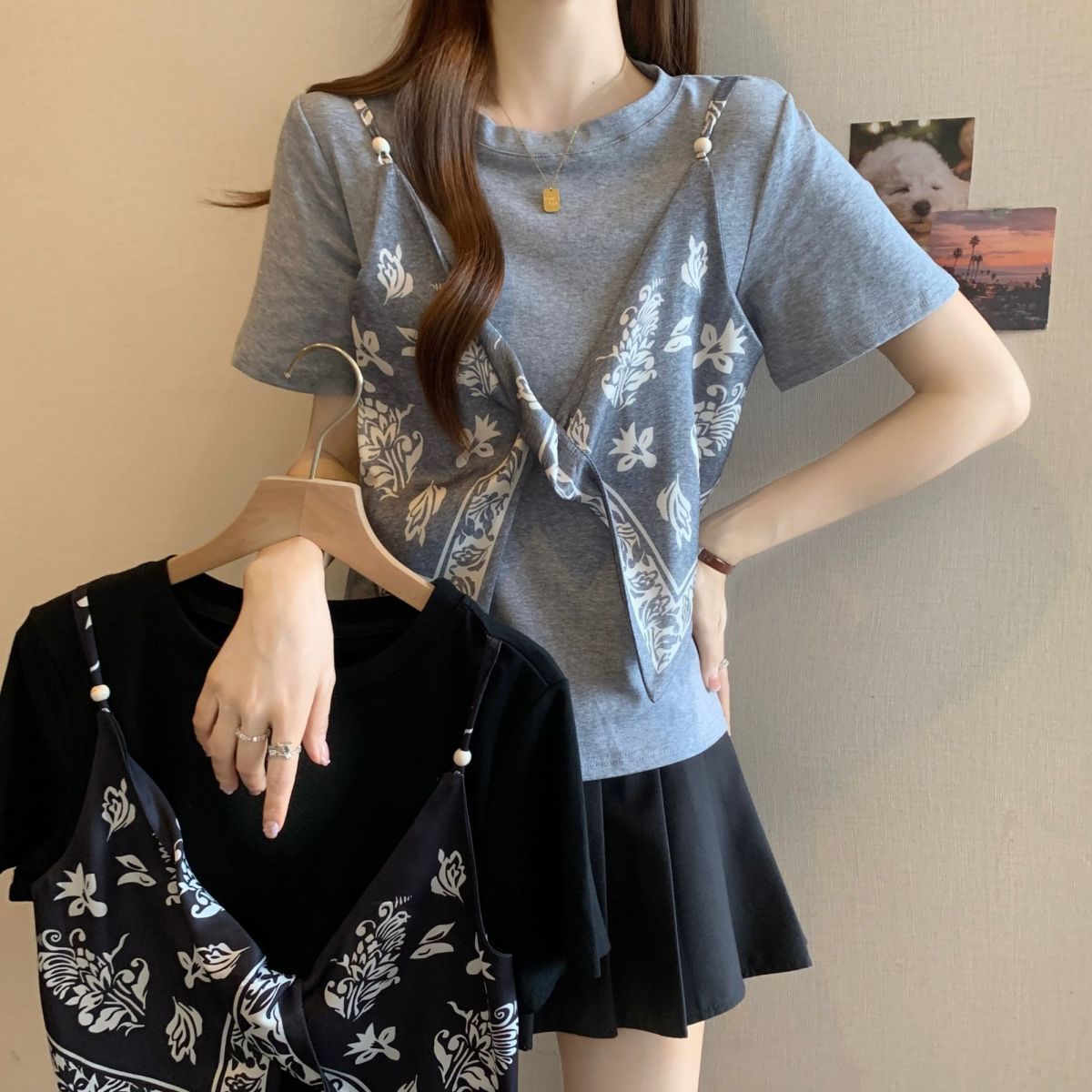 サテン フェイクツーセット リボンディテール ストラップ 半袖 Tシャツ レディース トップス