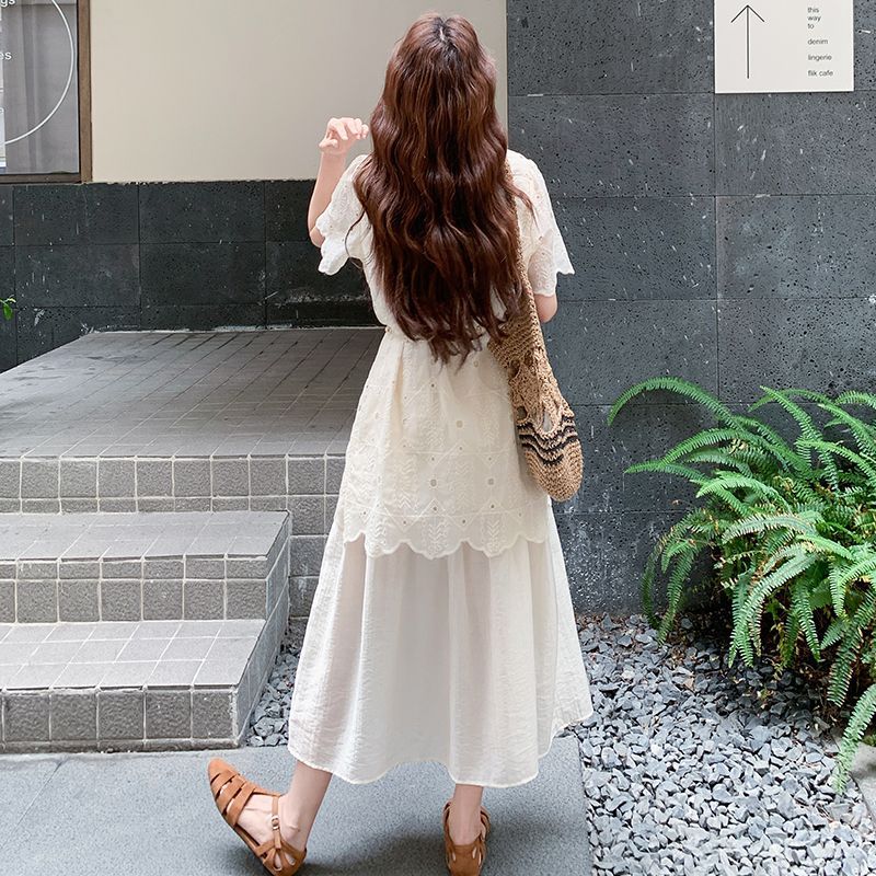 フレンチ刺繍レース切替 フェイクレイヤード レディース ロングワンピース