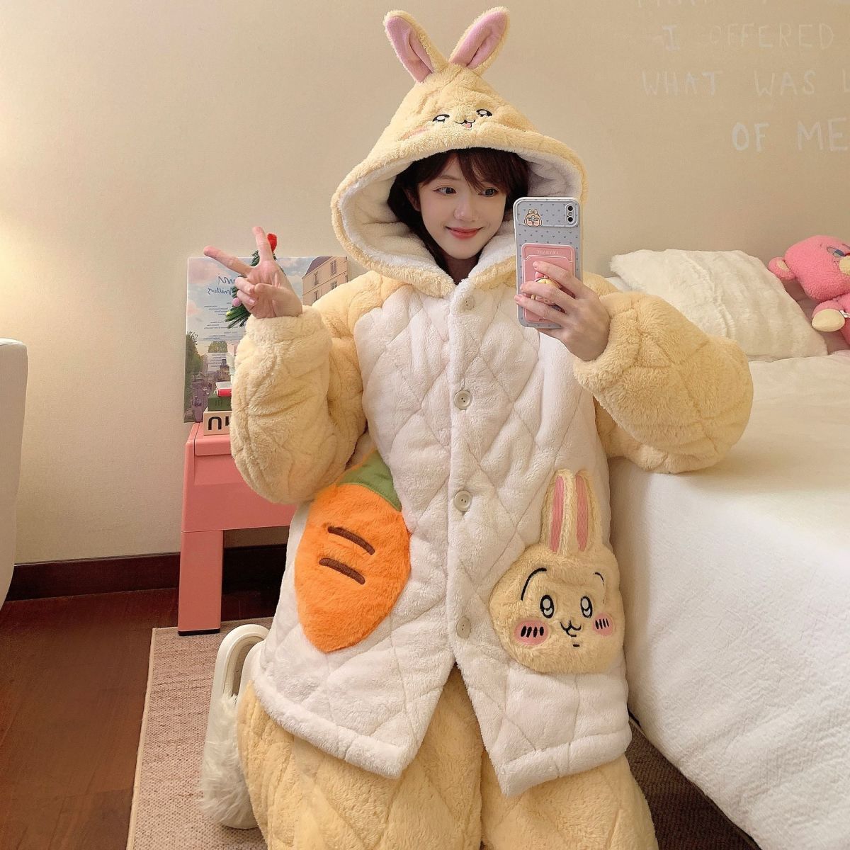 可愛いキャラ ゆるかわ パジャマ カートゥーン もこもこ 裏起毛 ルームウェア 冬用 レディース セットアップ