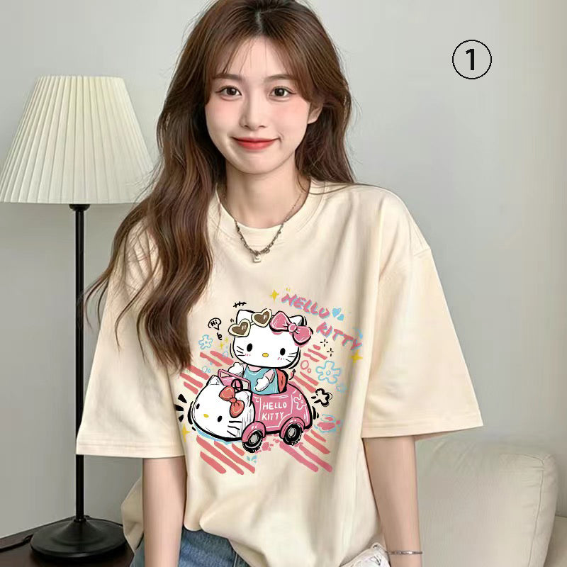キャラクターシリーズ キティプリント×半袖  綿素材 キュートデザイン ユニセックス Tシャツ