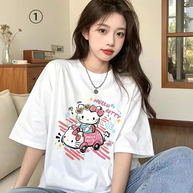 キャラクターシリーズ キティプリント×半袖  綿素材 キュートデザイン ユニセックス Tシャツ