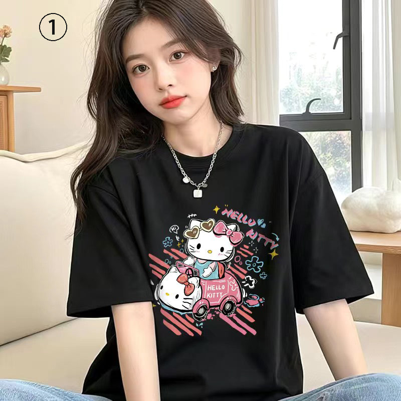 キャラクターシリーズ キティプリント×半袖  綿素材 キュートデザイン ユニセックス Tシャツ