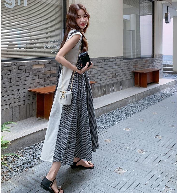 チェック柄切替 フェイクレイヤード レディース ロングAラインワンピース