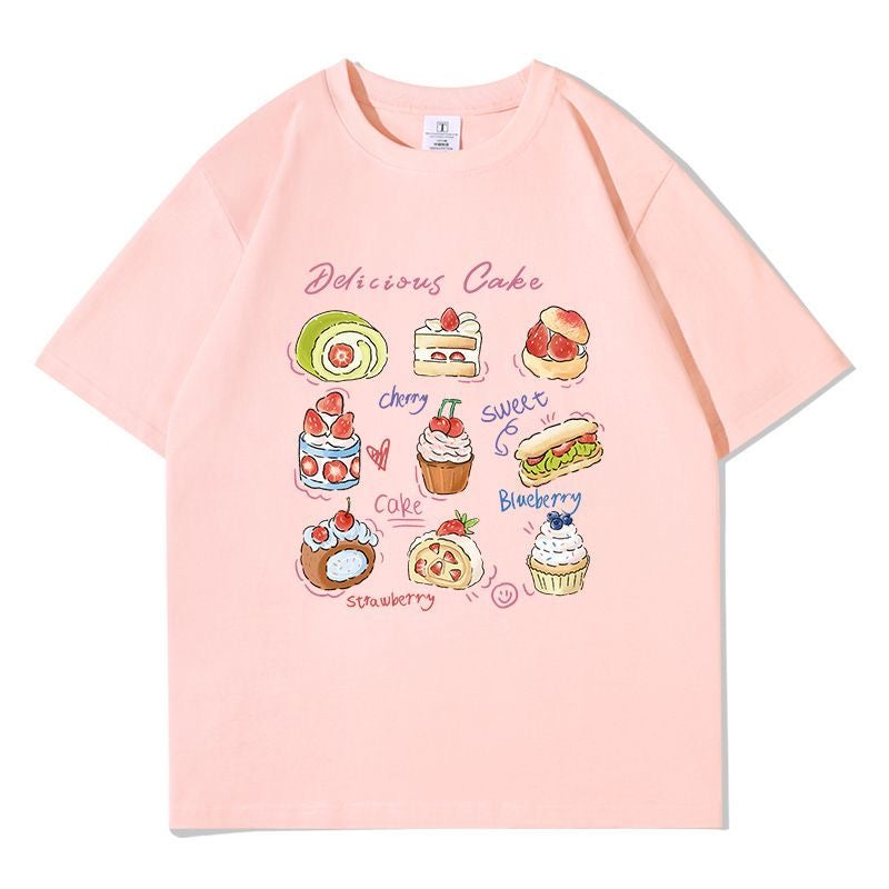 デザートプリント×ルーズシルエット レディース 半袖Tシャツ 夏用 かわいいスイーツデザイン トップス