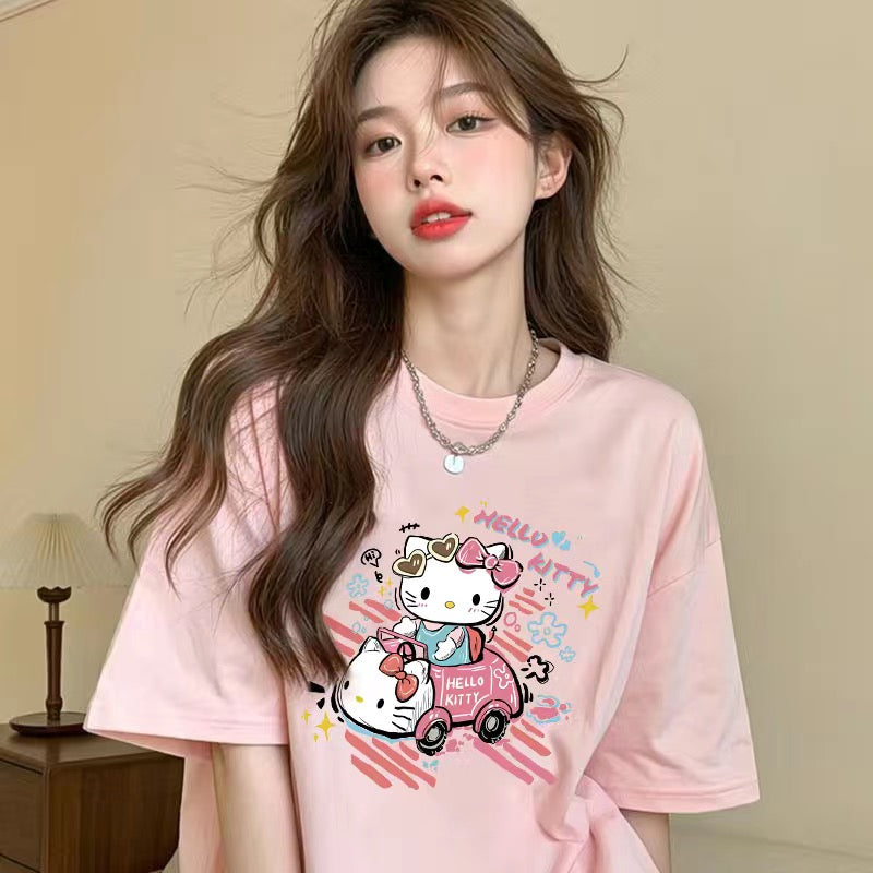 キャラクターシリーズ キティプリント×半袖  綿素材 キュートデザイン ユニセックス Tシャツ