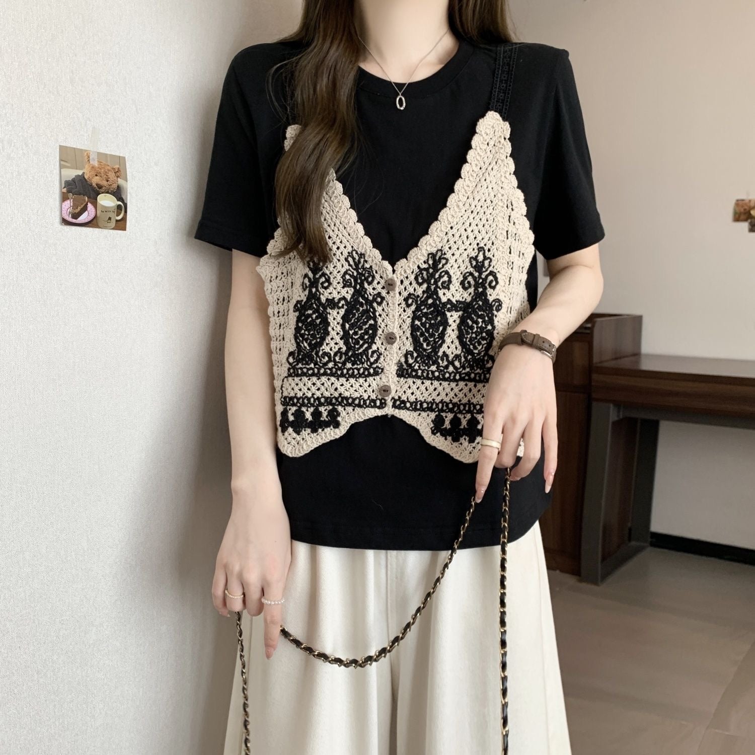 半袖 ニットミックス フェイクツーセット Tシャツ レディース トップス